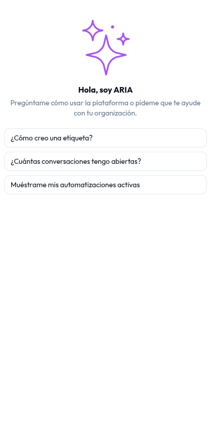Panel de ARIA abierto con su saludo y preguntas sugeridas
