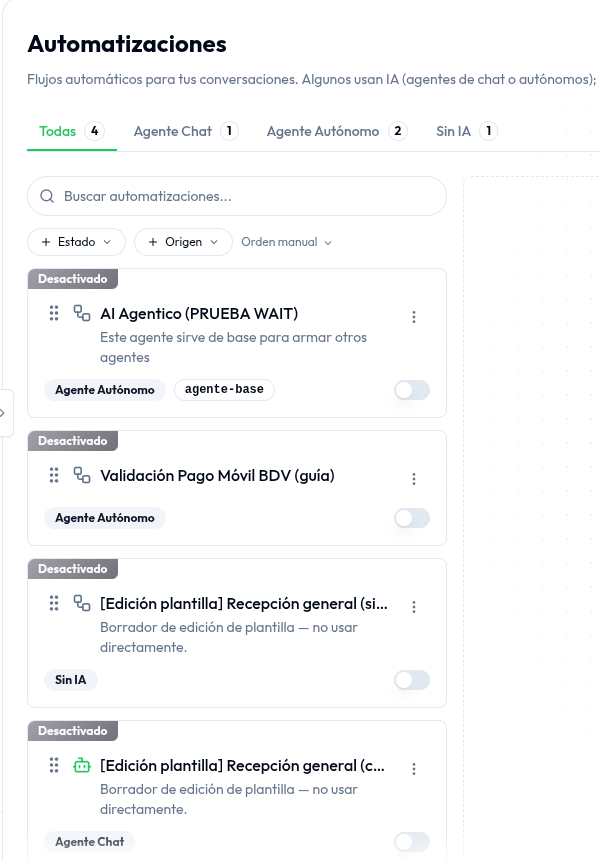 Hub de Automatizaciones con la lista de flujos, filtros por tipo y el botón Crear