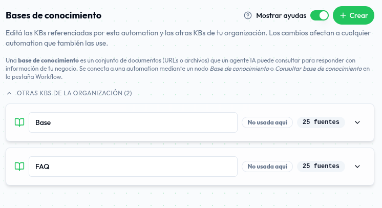 Pestaña Conocimiento del editor con las bases de conocimiento de la organización y el botón Crear