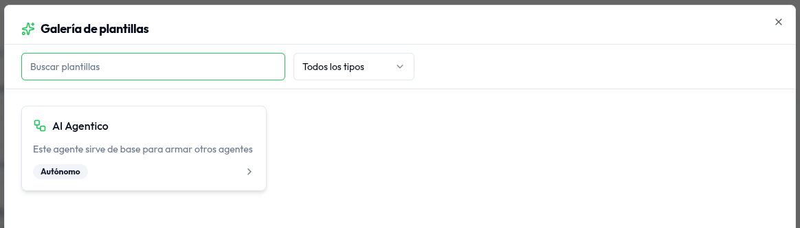 Galería de plantillas de agentes con buscador, filtro por tipo y una tarjeta de plantilla publicada