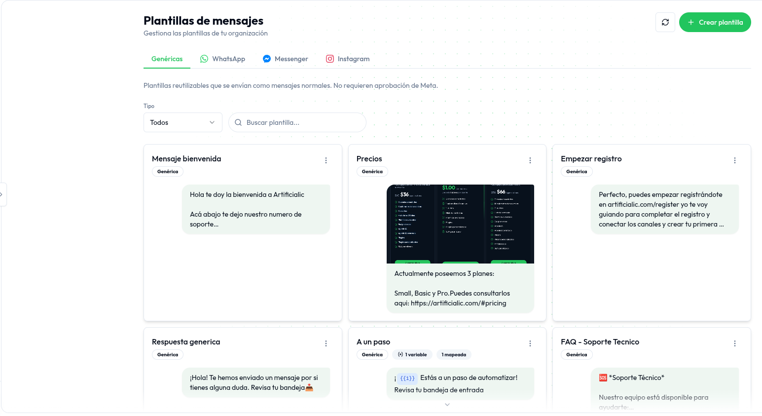 Listado de plantillas con pestañas por canal (Genéricas, WhatsApp, Messenger, Instagram) y tarjetas de cada plantilla