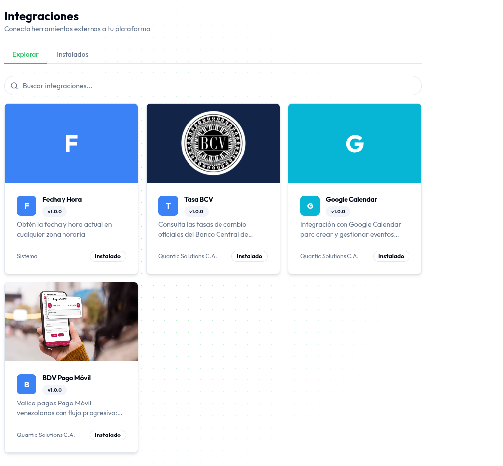 Catálogo de Integraciones con plugins instalables como Fecha y Hora, Tasa BCV, Google Calendar y BDV Pago Móvil