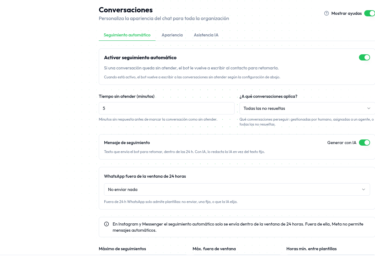 Configuración del seguimiento automático: activar, tiempo sin atender, a qué conversaciones aplica, mensaje con IA, ventana de 24 h y topes