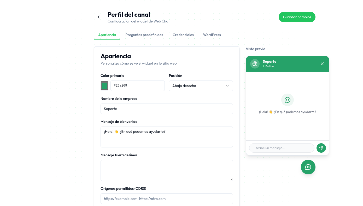 Configuración del widget de Web Chat: color, posición, mensajes y orígenes permitidos, con una vista previa en vivo de la burbuja a la derecha