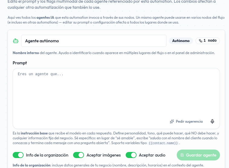 Pestaña Agentes: nombre interno, campo de Prompt con la instrucción base y toggles de info, imágenes y audio