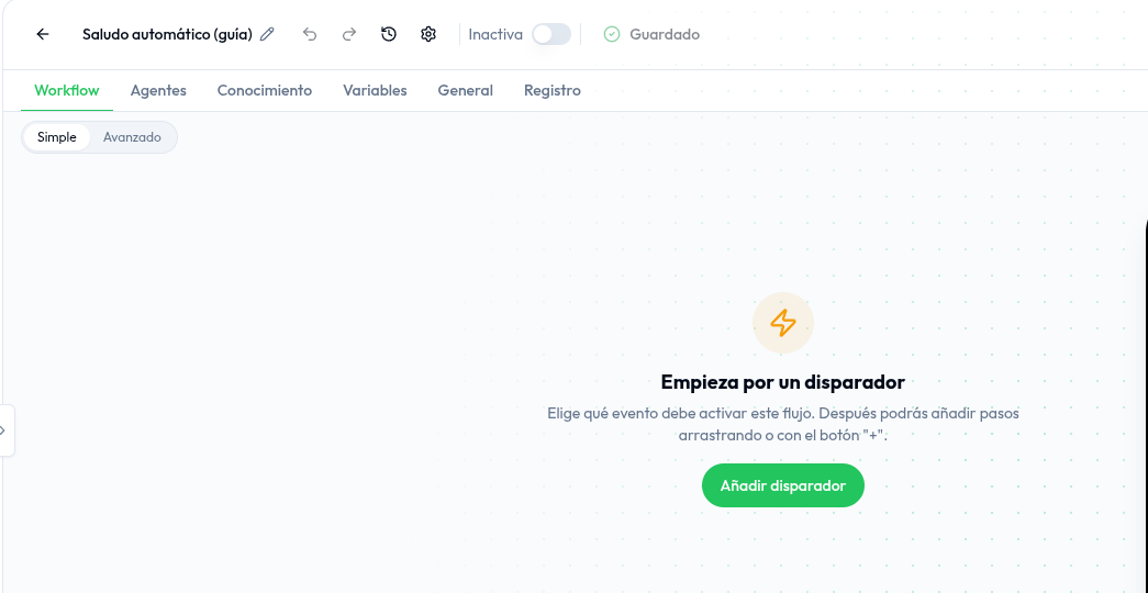 Editor de automatización vacío en vista Simple, con el botón «Añadir disparador» y el conmutador Simple/Avanzado