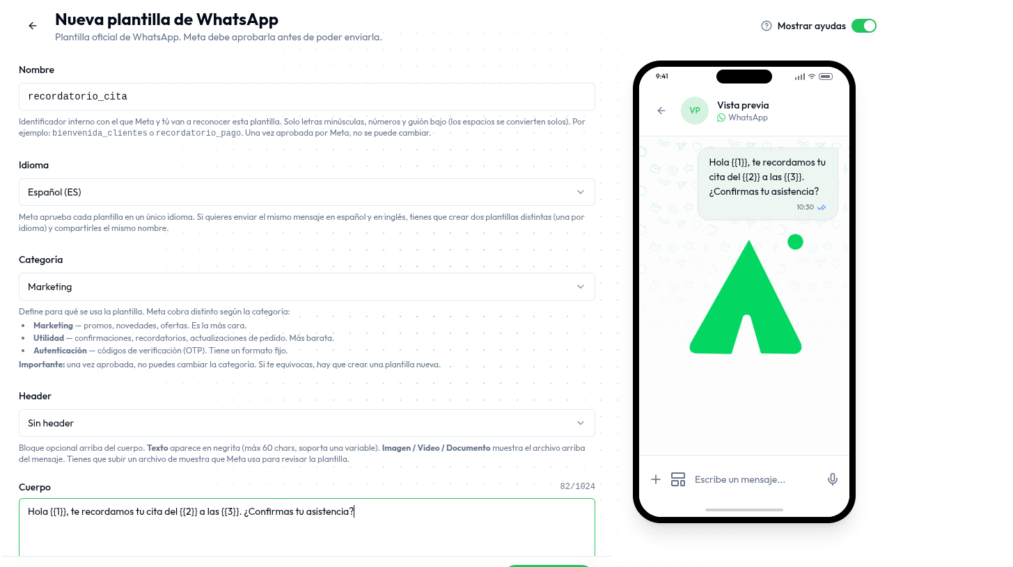 Página de creación de plantilla de WhatsApp con el formulario (nombre, idioma, categoría, header, cuerpo) y la vista previa en vivo a la derecha
